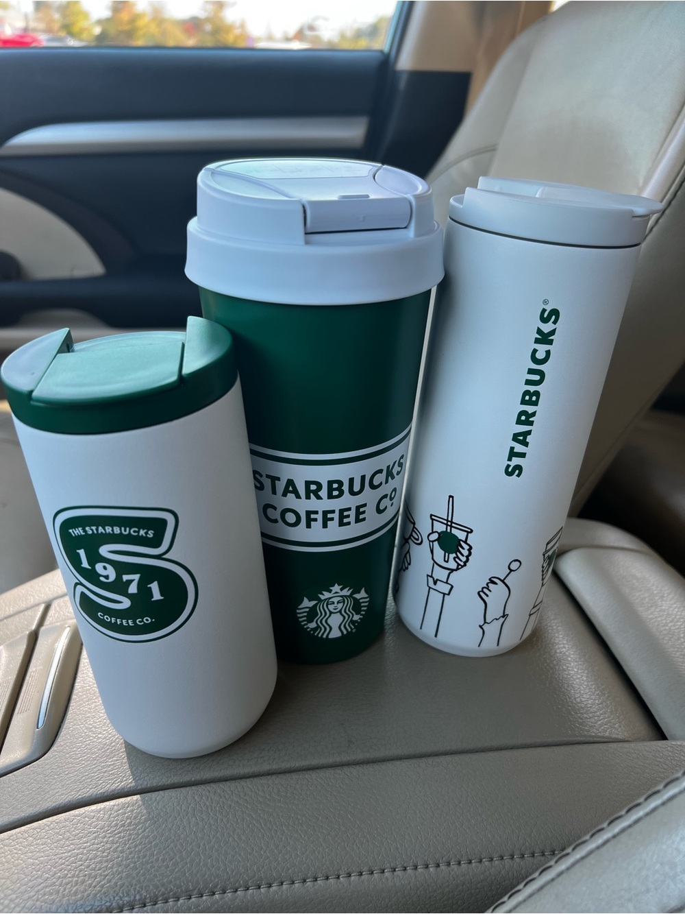 Starbucks White and Green Reusable Travel Mugs Trio